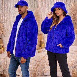 Genuine Rabbit Fur Hooded Jacket Blue Zip Luxury Unisex Women Men Jacket Coat